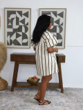 Plus Size V Neck Puff Sleeve Stripe Loose Mini Dress SFY-840