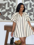 Plus Size V Neck Puff Sleeve Stripe Loose Mini Dress SFY-840