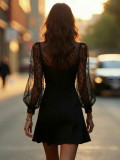 Lace Long Sleeve Mesh Patchwork Mini Dress GWDS-260304