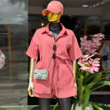 Solid Color Lapel Shirt Tie Up Loose Short Suit GCNE-9631