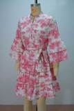 V Neck Print Flare Sleeve Tie Up Mini Dress GANY-LB2926