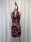 Velvet Floral Print Pleated Sleeveless Mini Dress GWDS-260317