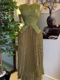 Sleeveless Vest Print Press Pleated Long Skirt Suit GCNE-73852