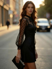 Lace Long Sleeve Mesh Patchwork Mini Dress GWDS-260304