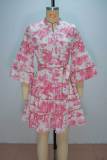 V Neck Print Flare Sleeve Tie Up Mini Dress GANY-LB2926