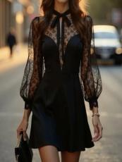 Lace Long Sleeve Mesh Patchwork Mini Dress GWDS-260304