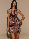 Velvet Floral Print Pleated Sleeveless Mini Dress GWDS-260317