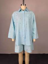 3/4 Sleeve Lapel Shirt Two Piece Shorts Set GCNE-72740
