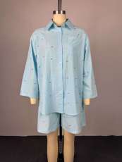 3/4 Sleeve Lapel Shirt Two Piece Shorts Set GCNE-72740
