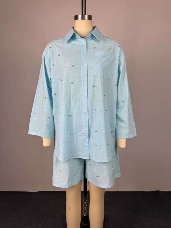 3/4 Sleeve Lapel Shirt Two Piece Shorts Set GCNE-72740