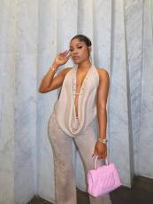 Halterneck Backless Tops Wide Leg Pants Suit GCNE-73530