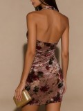 Velvet Floral Print Pleated Sleeveless Mini Dress GWDS-260317