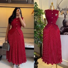 Sleeveless Vest Print Press Pleated Long Skirt Suit GCNE-73852