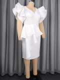Plus Size Solid Color Ruffles Midi Dress GKEN-ADR051043