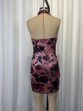 Velvet Floral Print Pleated Sleeveless Mini Dress GWDS-260317