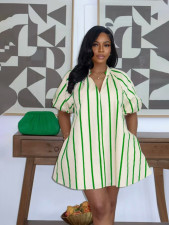 Plus Size V Neck Puff Sleeve Stripe Loose Mini Dress SFY-840