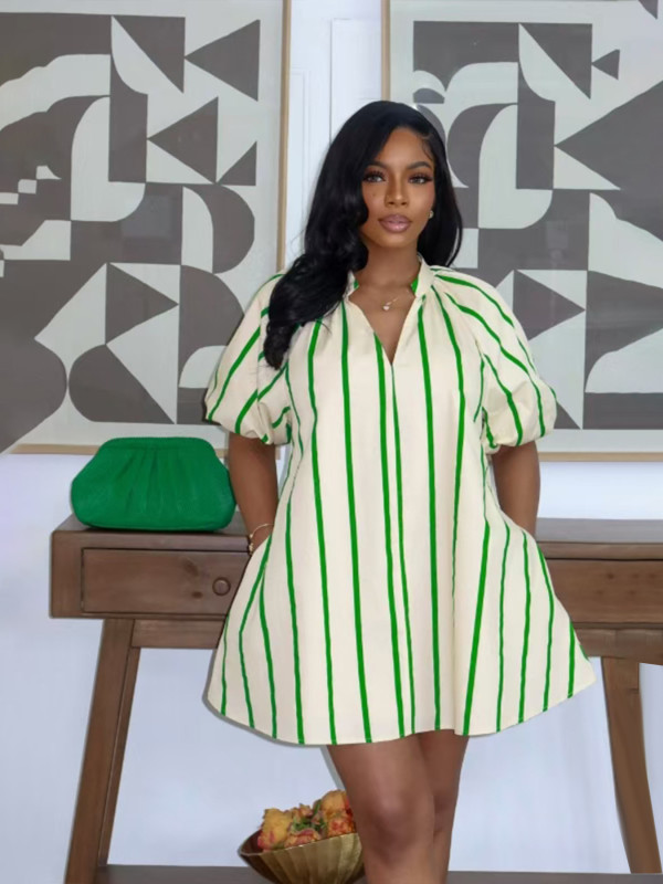 Plus Size V Neck Puff Sleeve Stripe Loose Mini Dress SFY-840