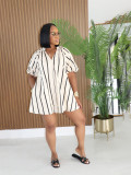 Plus Size V Neck Puff Sleeve Stripe Loose Mini Dress SFY-840