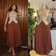 Sleeveless Vest Print Press Pleated Long Skirt Suit GCNE-73852