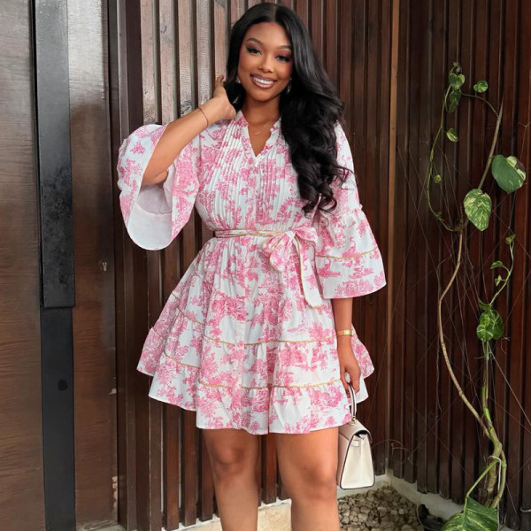 V Neck Print Flare Sleeve Tie Up Mini Dress GANY-LB2926