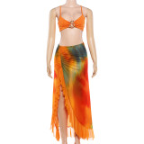 Print Halterneck Tube Top Split Ruffles Long Skirt 2 Piece Set XEF-K6S04214A