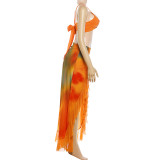 Print Halterneck Tube Top Split Ruffles Long Skirt 2 Piece Set XEF-K6S04214A