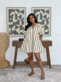 Plus Size V Neck Puff Sleeve Stripe Loose Mini Dress SFY-840