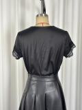 V Neck Tie Up Satin  Lace Patchwork Tops GWDS-260205