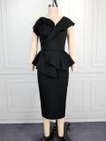 Plus Size V Neck Ruffles Slash Shoulder Midi Dress GKEN-ADR051203
