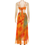 Print Halterneck Tube Top Split Ruffles Long Skirt 2 Piece Set XEF-K6S04214A