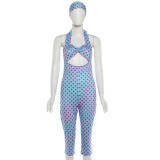 Polka Dots Print Hollow Out Backless Romper(With Headscarf) DLSF-K6Q05397A