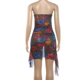 Print Ruched Diamond Chain Sling Mini Dress XEF-K6D04318A