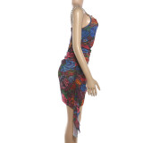 Print Ruched Diamond Chain Sling Mini Dress XEF-K6D04318A