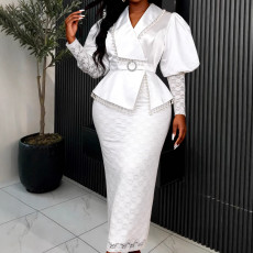 Plus Size Lace Patchwork Mesh Puff Sleeve Long Dress GKEN-ADR060241