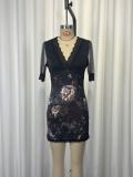 Lace Mesh Patchwork Print Mini Dress GWDS-260306