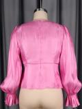 Plus Size Solid Color Ruched Flare Sleeve Shirt GKEN-ATP051243