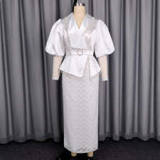 Plus Size Lace Patchwork Mesh Puff Sleeve Long Dress GKEN-ADR060241