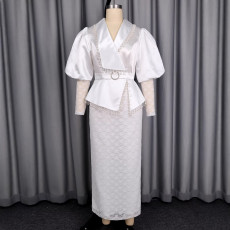 Plus Size Lace Patchwork Mesh Puff Sleeve Long Dress GKEN-ADR060241