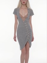 V Neck Short Sleeve Ruched Knits Midi Dress GWDS-260215
