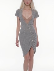 V Neck Short Sleeve Ruched Knits Midi Dress GWDS-260215