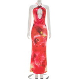 Sexy Print Halterneck Hollow Out Maxi Dress GSZM-D26DS094