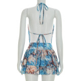 Halterneck Print Tops Ruffled Skirt Set GSZM-D26ST069