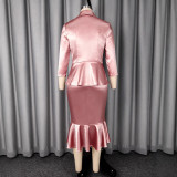 Plus Size Bow-Tie Satin Blazer And Fishtail Skirt Suit GKEN-ATP060348
