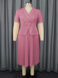 Plus Size Lapel Long Sleeve Press Pleated Maxi Dress GKEN-AM040922