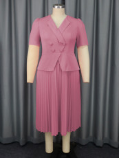 Plus Size Lapel Long Sleeve Press Pleated Maxi Dress GKEN-AM040922