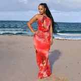 Sexy Print Halterneck Hollow Out Maxi Dress GSZM-D26DS094