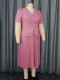 Plus Size Lapel Long Sleeve Press Pleated Maxi Dress GKEN-AM040922