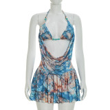 Halterneck Print Tops Ruffled Skirt Set GSZM-D26ST069