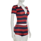 Casual Stripe Color Block Two Piece Shorts Set GSZM-C26ST081