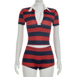 Casual Stripe Color Block Two Piece Shorts Set GSZM-C26ST081
